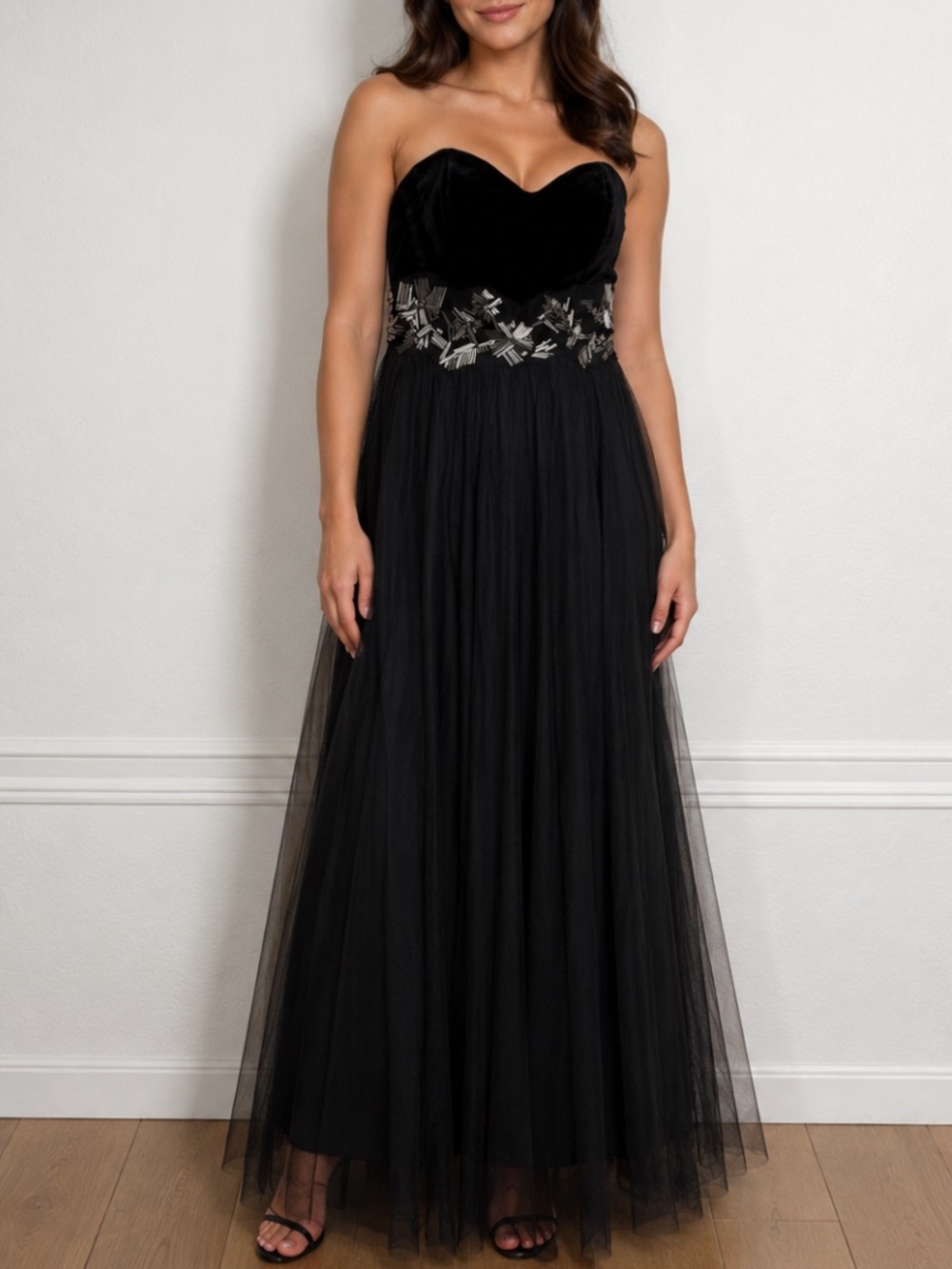Aidan Mattox Black Velvet Bodice Beaded Waist Maxi Gown Dress Size 4
